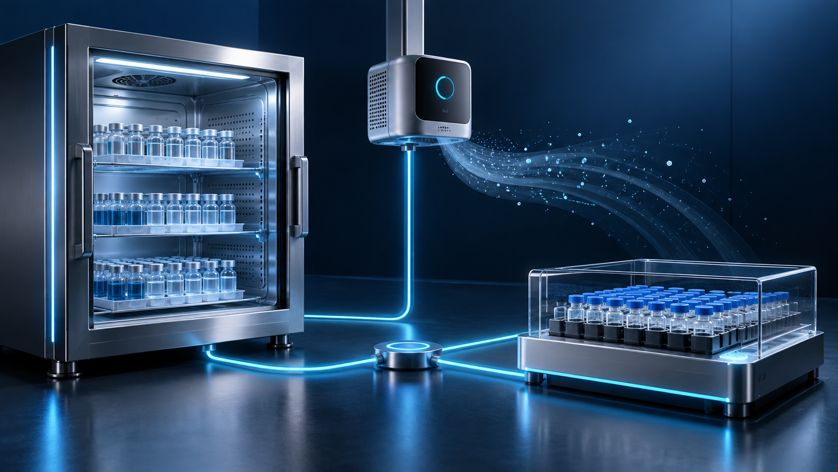 3D visualization connecting stability storage, environmental monitoring, and laboratory samples